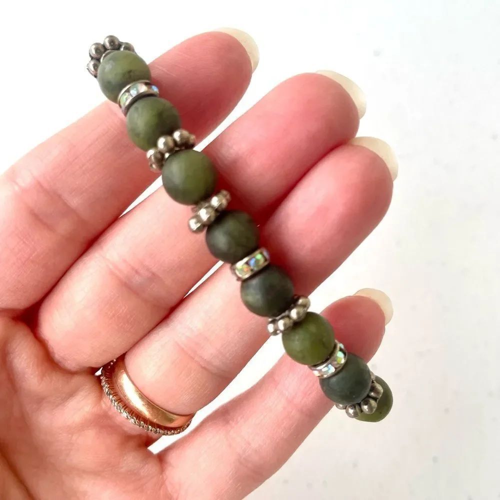 Green Stone Beaded Bracelet Stretch Boho Handmade Style